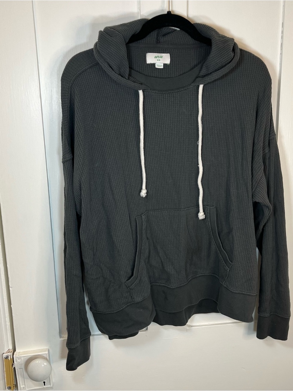 aerie Charcoal Waffle-Knit Hooded Sweatshirt with Drawstrings
